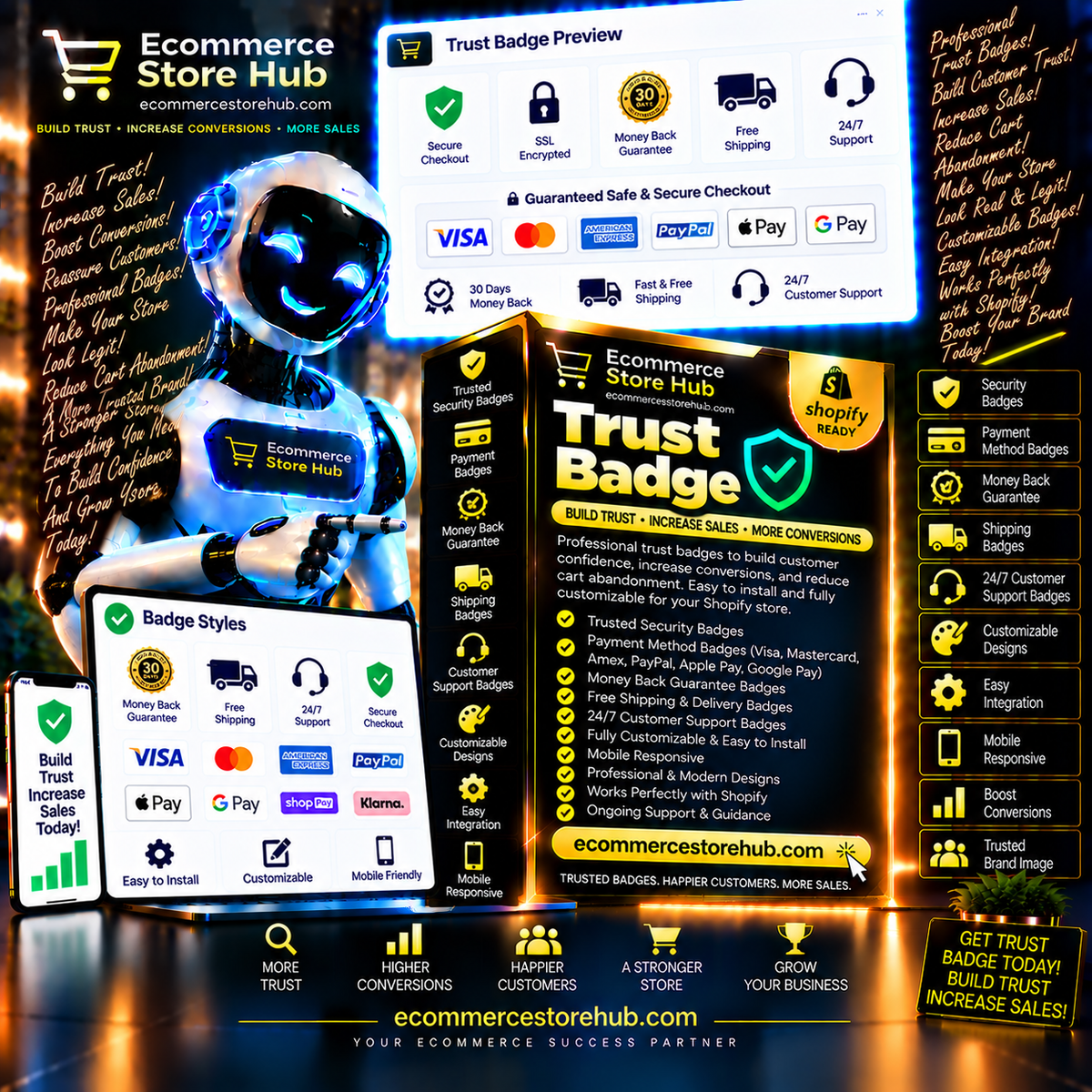 Ecommerce Store Hub Trust Badge promotional image showing payment, shipping, and support badge designs